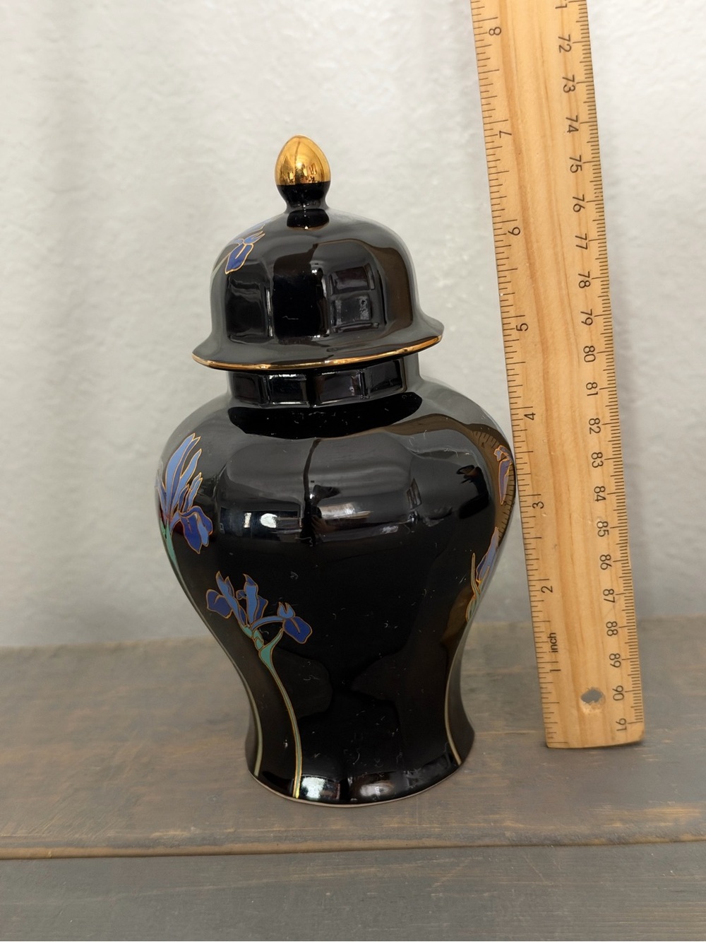 Vintage Otagiri Japan Blue Iris Ginger Jar & Trinket Box Set Black Floral - Picture 13 of 16